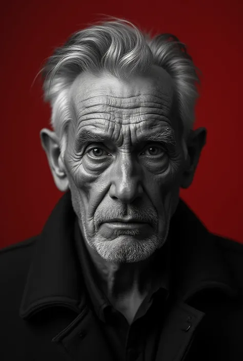 Create a black and white image of the same boy but aged 63 years on plain dark red background.