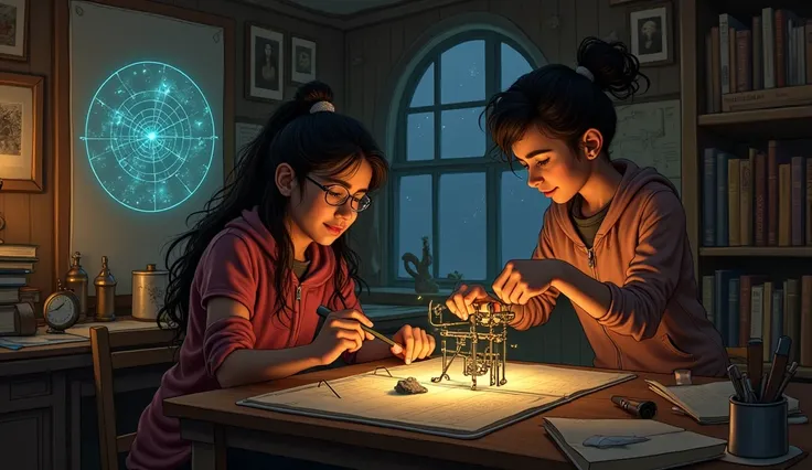 Zara and Aisha work on a peculiar, half-constructed mechanical device in a cozy room filled with books, tools, and star charts. The device glows faintly, projecting a constellation map onto the wall. Zara looks focused, tightening a screw, while Aisha poin...