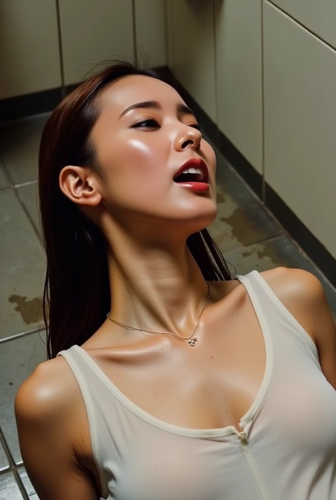     beautiful brown-haired woman  ,  inside a Japanese public toilet , Sleeping next to the toilet ,Sleeping on the toilet floor ,   white sleeveless shirt with full chest   , ((  arching your head and screaming orgasm )) ,   close-up with your eyes closed...