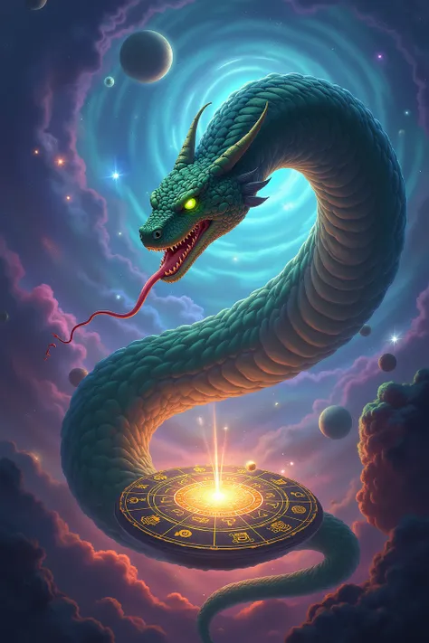 A digital painting of a gigantic, energetic serpent, its tongue extended and glowing, with piercing green luminescent eyes. The serpent is coiled around a cosmic zodiac wheel, which is glowing with intricate astrological symbols. The background features a ...