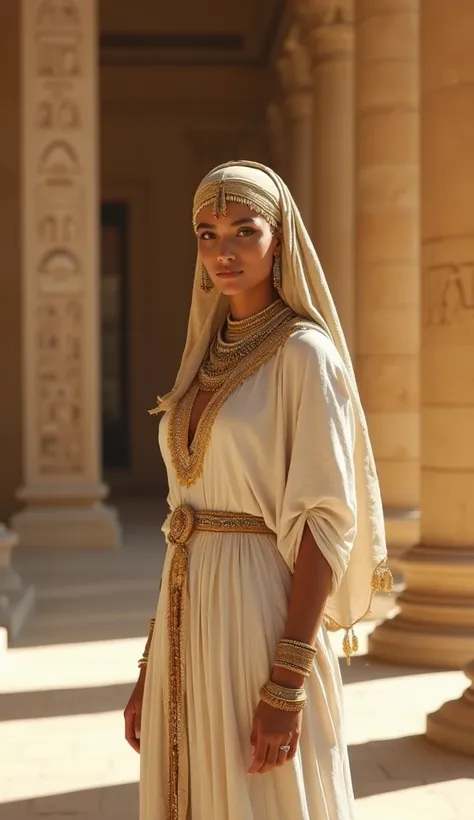 A strikingly beautiful young woman in ancient Egyptian attire, gracefully combining traditional elements of the era with modesty. She wears an elegant hijab made of fine linen in soft gold and ivory tones, adorned with delicate embroidery and subtle golden...