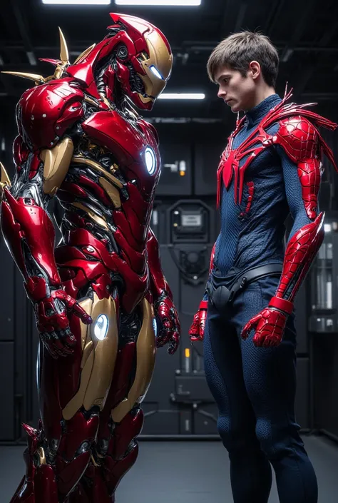 Iron man is giving a spiderman suit to peterparker