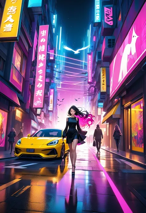 A vibrant city scene in a hyper-realistic photo style, featuring a young woman with shoulder-length black hair, caught mid-motion as her hair flows dramatically to the side. She is wearing a sleek black outfit, walking on a street illuminated by vivid, neo...