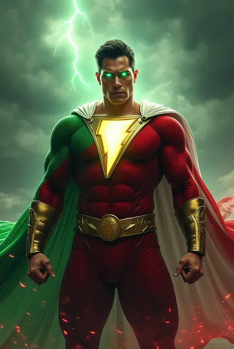 /imagine prompt: A powerful hybrid character merging Shazam and Loki, showcasing the strength and heroism of Shazam combined with the cunning and mystical elements of Loki.

The character stands confidently, embodying a muscular physique clad in a striking...