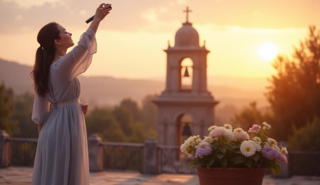 Main Focus:
A female worshiper in her early 30s, modestly dressed in a flowing light gray dress with a subtle silver shimmer, holding a microphone in one hand, worshiping with sincerity.

Pose and Expression:
Standing with the microphone in one hand raised...