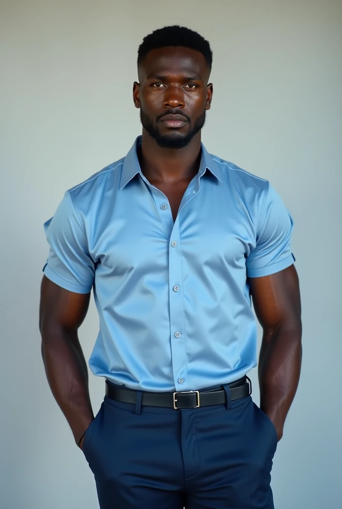 A strikingly handsome fit African man wearing a blue shirt and pants 