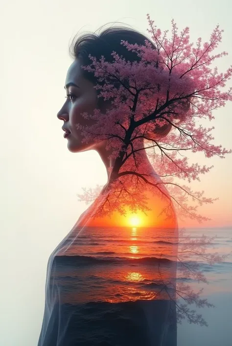 high quality, 8K Ultra HD, A beautiful double exposure that combines an goddess silhouette with sunset coast, sunset coast should serve as the underlying backdrop, with its details incorporated into the goddess , crisp lines, The background is monochrome, ...