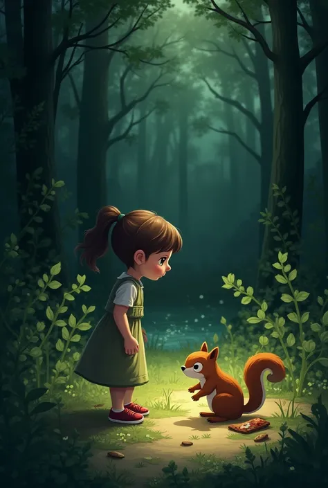 The Wounded Squirrel**
"Lili ventures deep into the forest despite her parents' warning. The setting becomes darker and more mysterious, with dense foliage and a sense of adventure. Near a small, sparkling pond, Lili discovers a tiny injured squirrel lying...