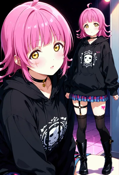 Tennoji Rina\(Love Live!\)I, bangs,  yellow eyes,  pink hair with a scar, blunt bangs,  medium hair with visible tattoos、cowlIck、  Ultra Details 、whole body、big black hoodie 、  over knee socks、  is standing、、  Long Boots  、 garter ring、 back、Two vIews、 cho...