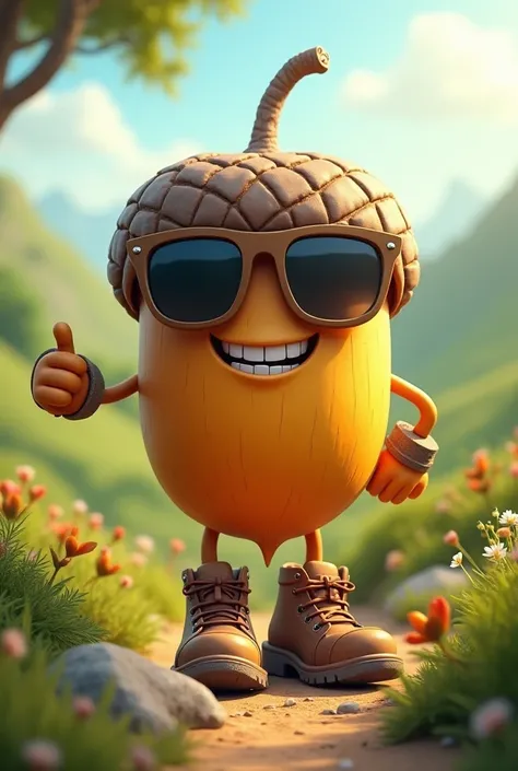 Make me a happy acorn with sunglasses and hiking boots 