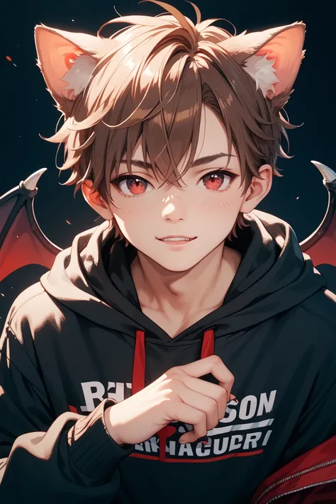 a guy with short brown hair, red eyes, demon wings, a cat tail and cat ears wearing a black hoodie