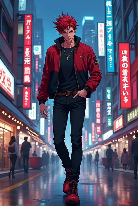 make me an good looking anime guy with dark red hair wearing red and black jacket with black jeans and black and red shoes while walking the city in an japanese anime style.