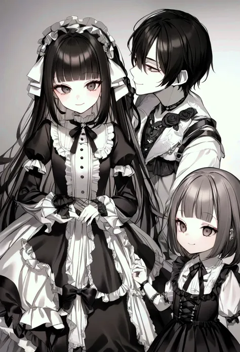  girl、 kids、 long black hair、 get your bangs cut、 Gothic Lolita 、smile、Frills、ribbon、 Black and White Dress 