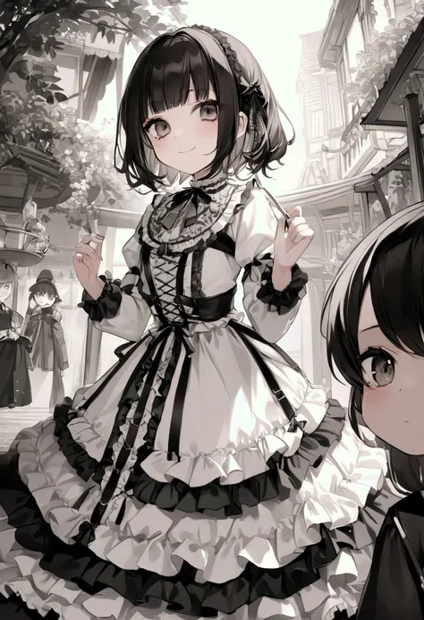  girl、 kids、 long black hair、 get your bangs cut、 Gothic Lolita 、smile、Frills、ribbon、 Black and White Dress 