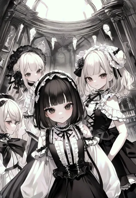  girl、 kids、 long black hair、 get your bangs cut、 Gothic Lolita 、smile、Frills、ribbon、 Black and White Dress 