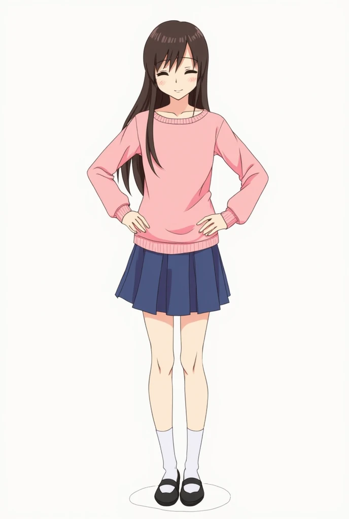 , a woman in a pink sweater and blue skirt is standing, with hands on hips,  anime drawing , inspired by Tsubasa Nakai , pixiv, what is this?, Junko Enoshima,  , in the style of Tsubasa Nakai ,  Ai Takano color style ,  Illustrated by Makinami , Haruno Sak...