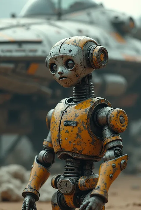 Funny age robot with the inscription Mul 1243 on its torso repairing a spaceship 