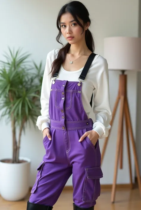 A stylish young woman stands confidently in a modern indoor setting. She wears a trendy outfit consisting of a fitted white long-sleeve top paired with vibrant purple cargo-overalls, accessorized with black straps and metallic chains. Her outfit is complem...