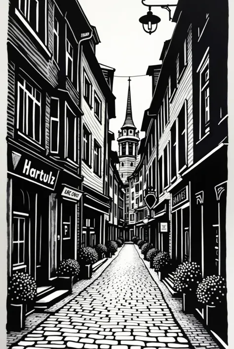 A linocut with only black and white and none between shades of gray, A4, Schmale Gasse . Rich in detail