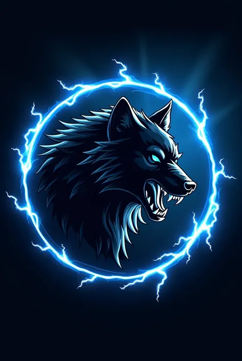 Create a soccer team logo with the circular shape of a black wolf and blue thunder