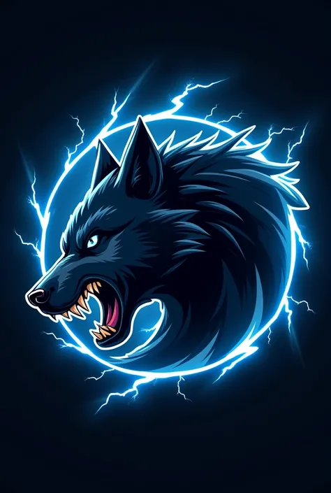 Create a soccer team logo with the circular shape of a black wolf and blue thunder