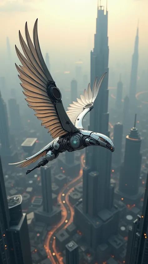  robot olw cyber humanoid full body　 flying hawk robot 　 delicate futuristic city in the background 　 bird robot with shining light 　 flying bird robot 　 delicately made bird robot 　 background where a near-future city spreads out 　Super realistic and deli...