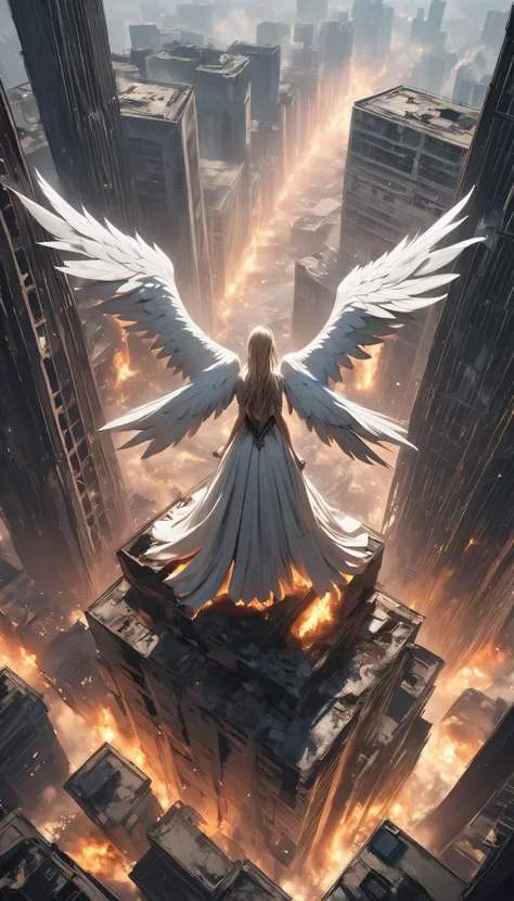 (Fascinating Angels Standing with their backs , Alone, Big, Aesthetic White Wings Growing from That Angel, Gently envelops repeated mistakes), I'm looking down on the underworld from the top of an abandoned skyscraper, An Ugly War Unfolding in the Underwor...