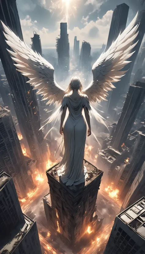 (Fascinating Angels Standing with their backs , Alone, Big, Aesthetic White Wings Growing from That Angel, Gently envelops repeated mistakes), I'm looking down on the underworld from the top of an abandoned skyscraper, An Ugly War Unfolding in the Underwor...