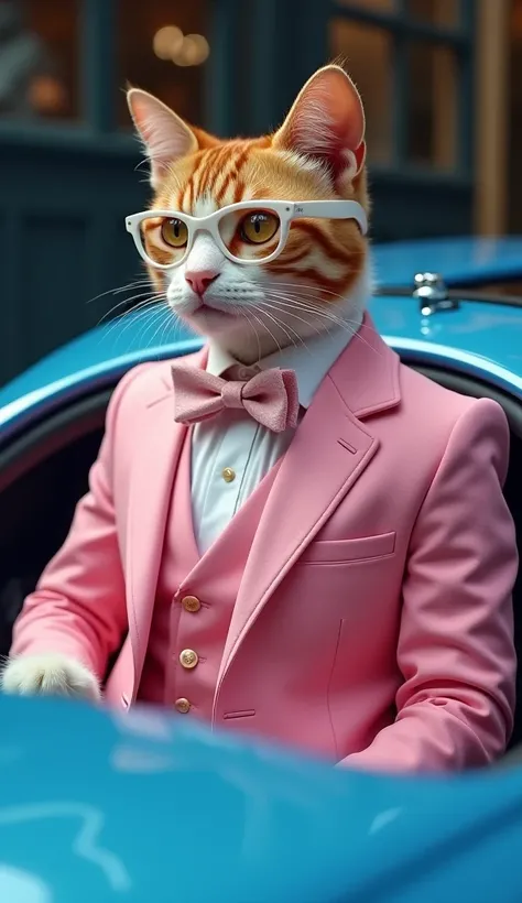 A one beautiful male cat in (pink 3 piece dress, White glasses)stand in the back of blue buggati car 