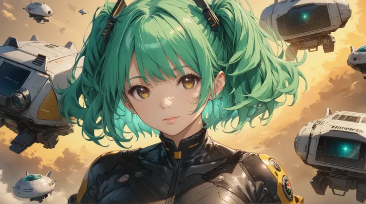 An anime mature girl with shoulder-length green hair and warm brown eyes, 
shoulder-length mint green hair styled into two playful high ponytails with wavy, 
voluminous locks cascading down. The ponytails are secured with futuristic black clips, 
and warm ...