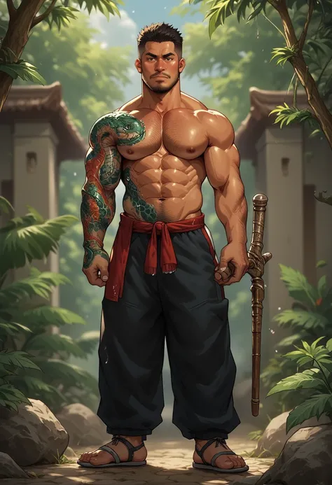 A shirtless Asian male in a serene outdoor setting, standing with a sense of poise and confidence. His toned physique is glistening with beads of sweat under the warm sun, reflecting his rigorous training. Tattooed across his chest and abdomen is an intric...