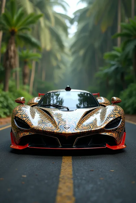 hypercar, combination of Pagani Huayra, bugatti chiron, Koenigsegg Jesko, Ferrari F40, Lamborghini Diablo GT, Balinese themed design