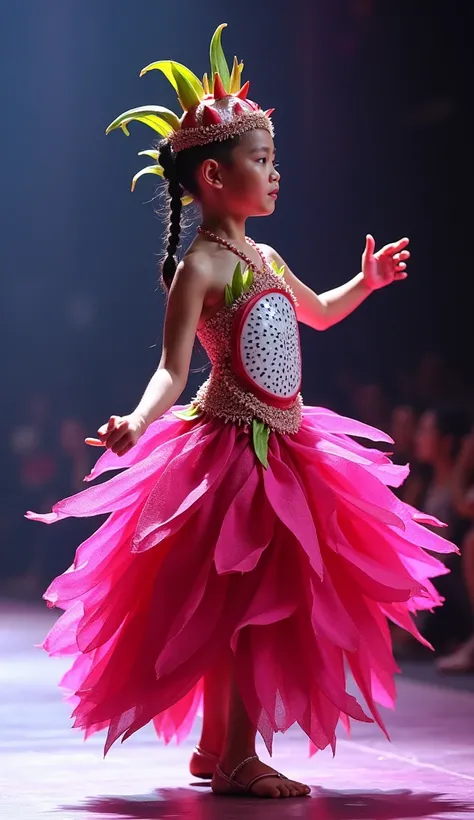 A  girl dancer in a costume inspired by dragonfruit. . The skirt features vibrant pink dragonfruit peels, while the bodice is decorated with white flesh and black seed patterns. A headdress shaped like dragonfruit spikes adds drama.  She dance on a bright ...