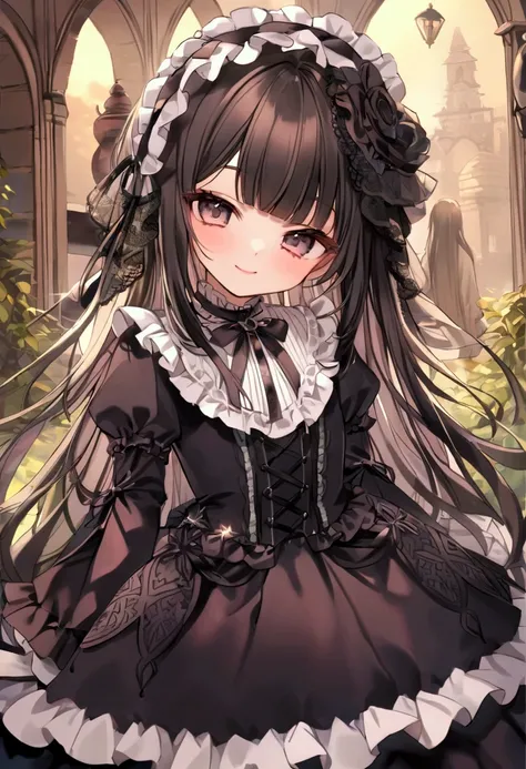  girl、 kids、 long black hair、 get your bangs cut、 Gothic Lolita 、smile、Frills、ribbon、