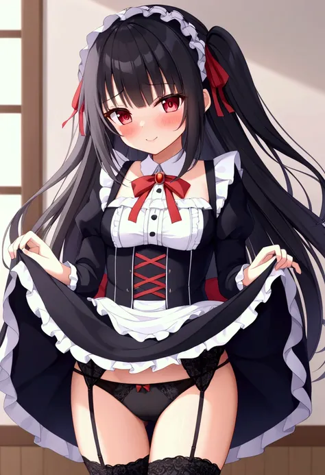  girl、 kids、 long black hair、 get your bangs cut、 Gothic Lolita 、smile、Frills、ribbon、Embarrassed、skirt lift、black panties, Garter Belt