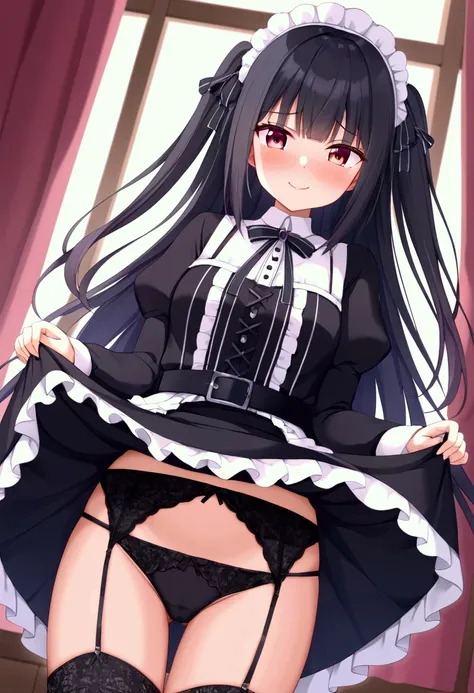  girl、 kids、 long black hair、 get your bangs cut、 Gothic Lolita 、smile、Frills、ribbon、Embarrassed、skirt lift、black panties, Garter Belt