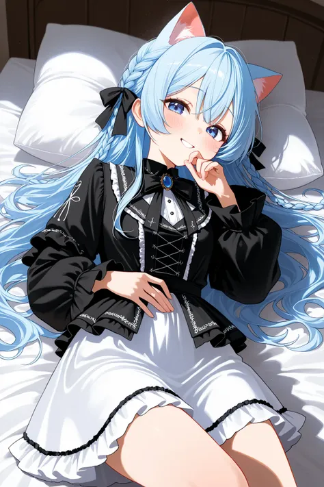  Light Blue Hair, Cat ears,  braids,  long hair,  Gothic Lolita , Lavish clothing,  best image quality, whole body,  short skirt, like,  is embarrassing,  focus on your upper body ,  Top Masterpieces, Black uniform, smile, Black jacket, 大like,  white skirt...