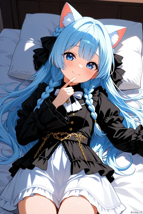  Light Blue Hair, Cat ears,  braids,  long hair,  Gothic Lolita , Lavish clothing,  best image quality, whole body,  short skirt, like,  is embarrassing,  focus on your upper body ,  Top Masterpieces, Black uniform, smile, Black jacket, 大like,  white skirt...