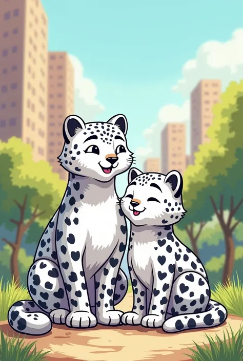 Draw a snow leopard family in an animation style, featuring a mother and father with human-like body parts. Include a playful son and a curious daughter. Show them enjoying a sunny day in city, playing together and exploring the colorful landscape. Make th...