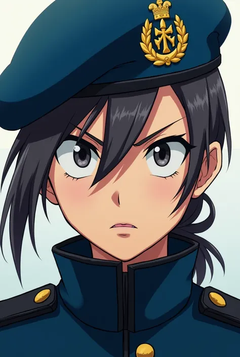  Military beret blue style 
Aggressive front view 3/4bas  ,anime , bd Looking at the viewer ,  Angry , Fond simple,  From Bottom To Top , Beret ,  Military Cap , 