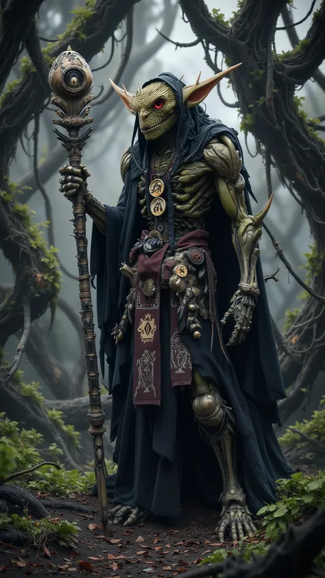 獨眼的薩滿哥布林巫師的全身照，Single eye， against a background of chaotic forest ，Full body photo of shamanic wizard Goblin dressed in black shamanic costume with spell ， holding a skeleton staff 