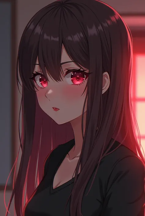   Dark brown skin woman  ,  pink gray colored hair ,  I have brown hair ，  Up to the ankle 、 Red Eyes , ,   lenses for thin faces and bright red lips    ,     it's anime or anime style   、   it's like it's part of a visual novel   ,    beautiful appearance...