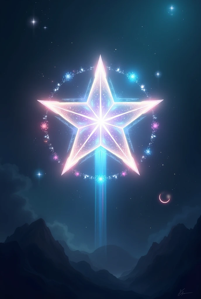  A glowing white star with five points , which floats in a magical aura .  Each point is surrounded by a different color,  and a ray of light pierces the darkness .