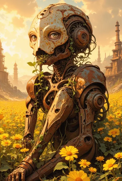 A post-apocalyptic scene featuring a rusty robot sitting peacefully in a field of vibrant yellow flowers under a warm sunset. The robot's design reflects retrofuturism with visible mechanical details, weathered textures, and vines growing through its struc...