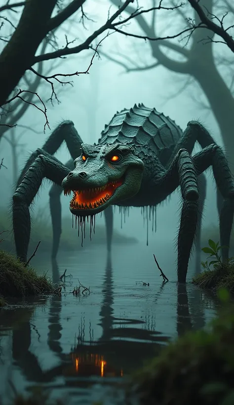 Generate a terrifying fusion of a crocodile and a spider, creating a nightmarish creature of horror. The entity should possess the tough, scaly exterior and sharp teeth of a crocodile, combined with multiple arachnid legs covered in fine hairs. It should h...