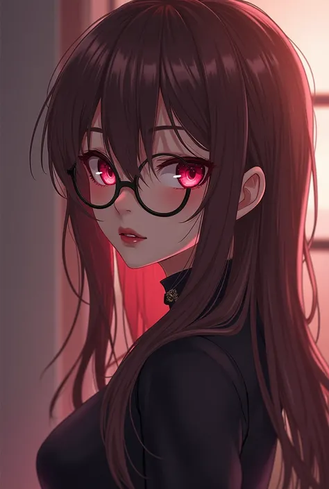   Dark brown skin woman  ,  pink gray colored hair ,  I have brown hair ，  Up to the ankle 、 red eyes , ,   lenses for thin faces and bright red lips    ,     it's anime or anime style   、   it's like it's part of a visual novel   ,    beautiful appearance...