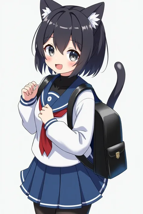   early  boys 、   black hair  、  short hair while on a business trip、Cat ears、Tail、  glossy black vinyl high neck、 white long-sleeved sailor suit 、 blue miniskirt 、 black tights、Shiny black gloves、 come with a shiny black elementary school backpack、3d