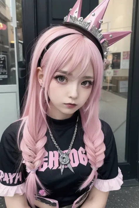 girl Pink Hair and a crown on her head, I put on punk clothes, crust punk attire , anime girl cosplay, , Wearing punk clothes, Kelly Coif as an anime girl, old anime goth lolita girl , , Anime Cosplay, Pink Hair, anime girl , Punk Girl