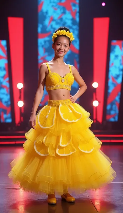 A cheerful dancer in a sunny lemon-themed costume. The skirt features yellow lemon slices, and the bodice is adorned with spiral lemon peels. A crown of lemon blossoms completes the ensemble. She is standing on a stage with smile. The surrounding area is d...