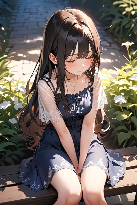 1 girl, (cute face), short height, (sad expression), (long hair:1.2), medium breasts, slim, (wearing a stylish skirt and blouse), above knee length, (porcelain skin), 
BREAK 
Fantasy landscape, colorful flowers, (sitting on a bench:1.2), gentle breeze, (lo...